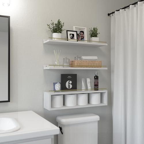 WOPITUES Floating Shelves for Wall 24 inch with Cube Shelf, Wall Shelves with Metal Rail for Decor, Bathroom Organizers and Storage, Over Toilet Shelves for Bathroom, Toilet Paper-White&Gold - Image 2