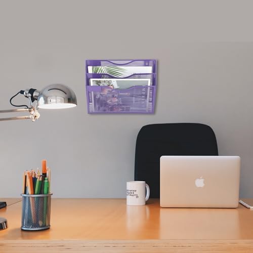 EASEPRES 3 Pocket Mesh Hanging Wall File Organizer, Wall Mounted Mail Paper Document Folder Holder, Clipboard Storage Organization Magazine Rack with Nametag Label for Office School Home, Purple - Image 4