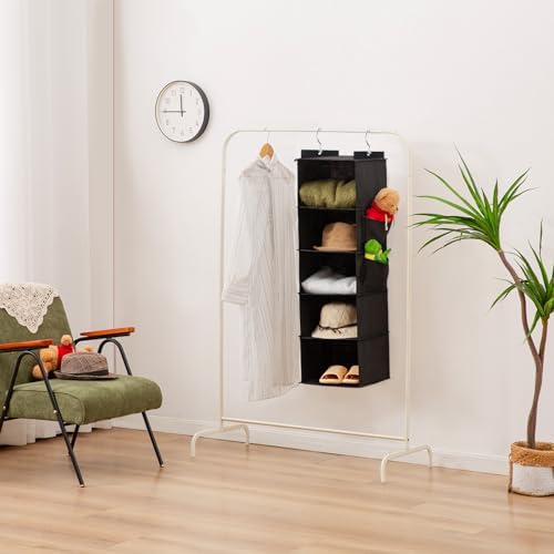 YOUDENOVA Hanging Closet Organizer and Storage for Clothes, 5-Shelf, Black | Locker/RV/Camper Organizer, 2 Side Pockets, Hanging Shelves for Small Closet, Dorm Room Essentials for Guys, Non-woven Fabric - Image 6