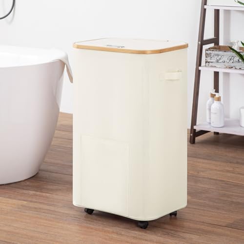 Vincona Laundry Basket with Wheels, Tall Dirty Clothes Hamper on Wheels, Rolling Laundry Hamper with lid for Dorm, Bedroom and Bathroom (Beige, 100L) - Image 5