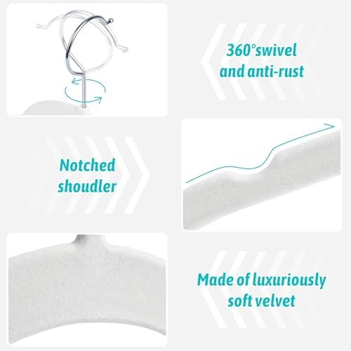 Sishynio Premium Velvet Shirt Hangers 30 Pack, Non-Slip 360° Swivel Hook Slim Felt Hanger, Space Saving Flocked Hangers for Tank Tops, Blouses, Strappy Dresses(White) | Space-Saving Closet Organization; Flocked Surface; 360° Swivel Hooks; For Shirts, C... - Image 2