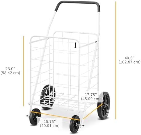 Whitmor Deluxe Utility Foldable Shopping Cart with Wheels, 100 Lb Capacity, Heavy Duty Grocery Cart with Steel Frame, Foam Handle, Rolling Folding Utility Trolley for Grocery, Laundry, Travel, White - Image 3