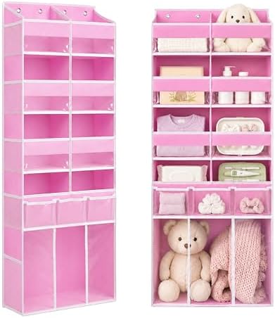 Extra Large Over The Door Organizer with Clear Pockets - 8 Compartments & XL Bottom Storage, Heavy-Duty Hanging Organizer for Bathroom, Bedroom, Closet (57 Inch Height). (Pink) by EZVERY