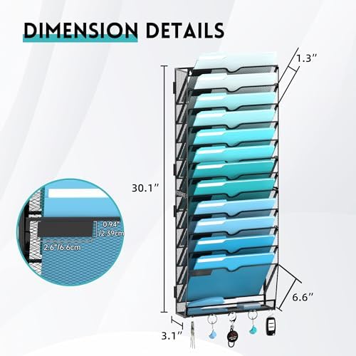 13-Tier Wall File Organizer and Mail Organizer with 5 Hooks, Black - Image 3