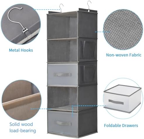 5-Tier Hanging Organizer for Closet, Fabric Closet Organizer with 2 Hooks, 2 Pull-Out Drawers, Foldable Space-Saving Storage (Gray) - Image 4