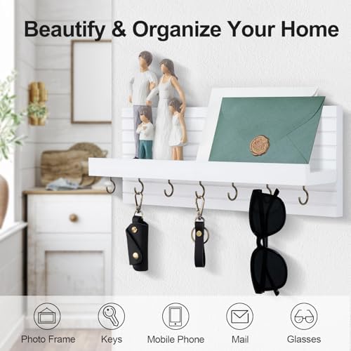 Lwenki Decorative Key Holder for Wall with Shelf, Entryway Shelf with Hooks Holds Leashes, Jackets and Glasses – Sturdy Wood Keyholder Entrance Hanger with Mounting Hardware (White, Large) - Image 3