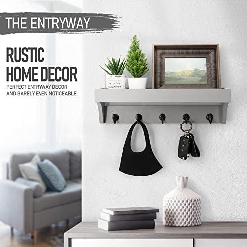 Rebee Vision Key Holder Wall Mount with 5 Hooks & Shelf for Entryway, Gray - Image 3