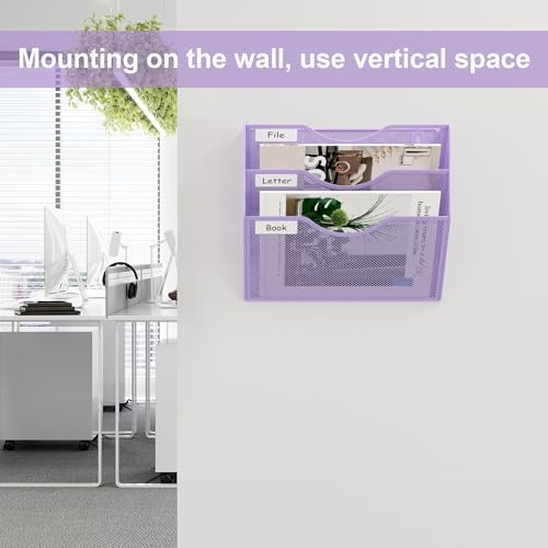 EasyPAG 3 Pocket Mesh Wall File Organizer, Hanging Paper Folder Holder with Classify Label, Vertical Wall Mount Mail Organizer for Office Home Classroom, Purple - Image 4