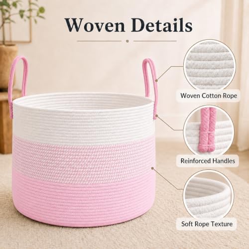 JMvicyroam 65L Extra Large Blanket Basket for Living Room - Woven Cotton Rope Laundry Hamper with Reinforced Handles - Storage Bin for Pillows, Comforters & Toys - Machine Washable,White&Pink Mix - Image 3