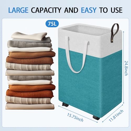 HomeHacks 75L Rolling Laundry Basket with 4 Wheels Collapsible Green - Image 2