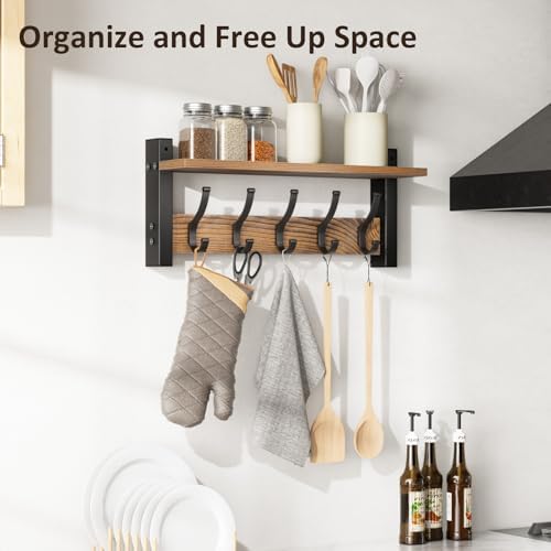 Optish Coat Rack Wall Mount with Shelf, 17.1 Inch Coat Hanger, Entryway Wall Key Holder, Hat Rack for Walls, Shelf with 5 Coat Hooks, Purse Hanger for Wall (Brown) - Image 6