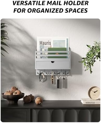 Rebee Vision Mail Organizer Wall Mount with 7 Key Hooks for Entryway, Gray - Image 2
