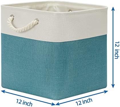 Temary Cubes Storage Baskets 12 Inch Cube Storage Bins for Shelf, Fabric Storage Cubes for Gift Empty Baskets for Home, Collapsable Box Basket for Storage (White&Teal) - Image 2
