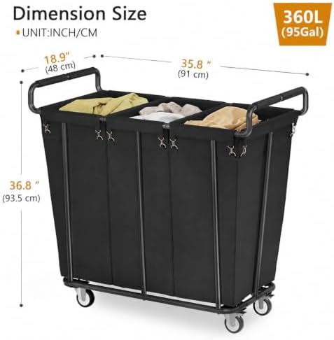 Gewudraw 3 Section Heavy Duty Laundry Sorter Cart with Wheels, 360L, Black - Image 4