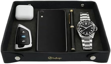 Luxe Genuine Leather Valet Chronicle Tray | Premium Handmade Multipurpose Catchall Tray, Coin watch key Trinket Dish for Home office Desk, Nightstand Entryway (Charcoal, 11 x 9 x 1.5) by Leatherific
