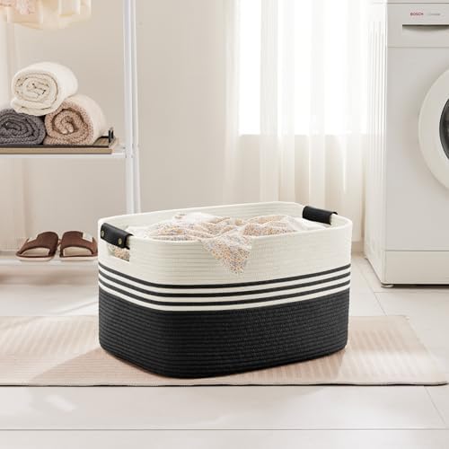 72L Large Woven Laundry Basket Hamper with Leather Handles,Black - Image 3
