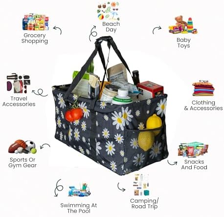 Extra Large Utility Tote Bag - Oversized Collapsible Reusable Wire Frame Rectangular Canvas Basket With Two Exterior Pockets For Beach, Pool, Laundry, Car Trunk, Storage - Black Daisy - Image 3