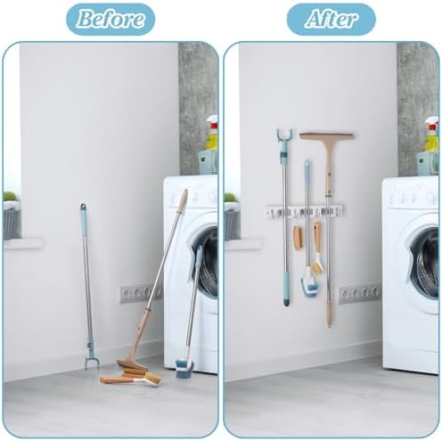 White Broom Holder Wall Mount - Heavy Duty Wood Mop and Broom Organizer with 3 Slots & 4 Hooks - Garden Tool Hanger for Laundry Room Closet Kitchen Garage Storage and Organization - Modern Home Decor - Image 4