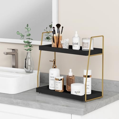 Forbena Black and Gold Bathroom Organizer Countertop, 2 Tier Counter Organizer for Bathroom Decor, Modern Sink Shelf Organizers for Vanity Storage, Make upTray for Makeup Bedroom - Image 4