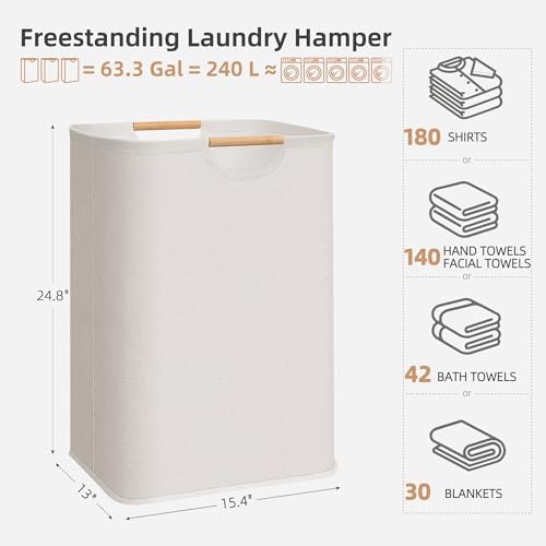 STORAGE MANIAC 3-Pack Large Laundry Hamper, 80L (21.1 Gal) Collapsible Laundry Basket with Bamboo Handles, Freestanding Waterproof Clothes Hamper for Laundry Room, Bedroom, Dorm, Towels, Beige - Image 3