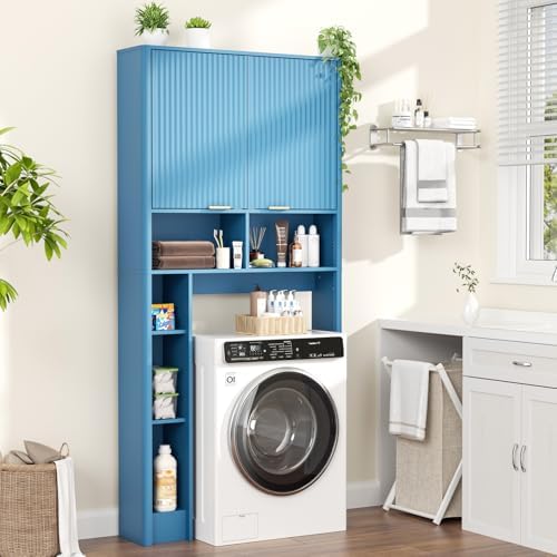 AKMAKM 31" W Over the Toilet Storage Cabinet with Fluted Door, Blue Bathroom Organizer with Adjustable Shelf, Toilet Paper Holder Stand Wave Door for Restroom, Laundry Room - Image 5