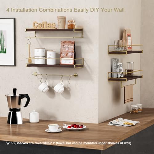 Floating Shelves Bathroom Shelves Over Toilet Set of 2, Bathroom Wall Shelves with Towel Bar, Wall Mounted Vanity Shelf for Bedroom, Kids Room, Kitchen (Brown & Gold) - Image 4