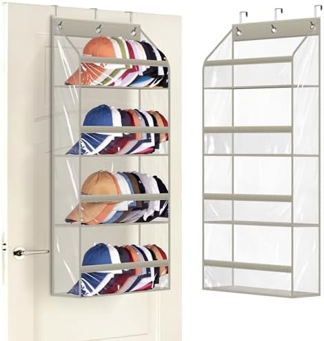AOODA Clear Over the Door Hat Racks for Baseball Caps, Hold 48 Caps Hat Storage Organizer for Closet Wall, Deep Pockets Hanging Snapback Holder Shelves with 3 Hooks, Grey by AOODA