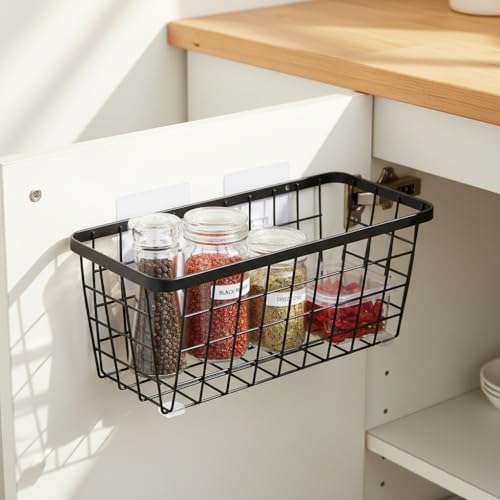 2 Pack Hanging Wall Basket Organizer Over the Cabinet Door Wire Baskets for Organizing -Space-Saving Hanging Baskets for Organizing Wall Mount Storage,No Drilling Adhesive Wall Storage Basket, Black - Image 3