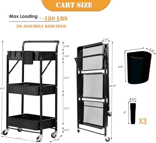 Foldable Rolling Cart 3 Tier Utility Storage Cart No Assembly Metal Heavy Duty Kitchen Carts Folding on Wheels Trolley Organizer Cart with Cup and Hooks for Office/Classroom/Dorm(Black) - Image 2