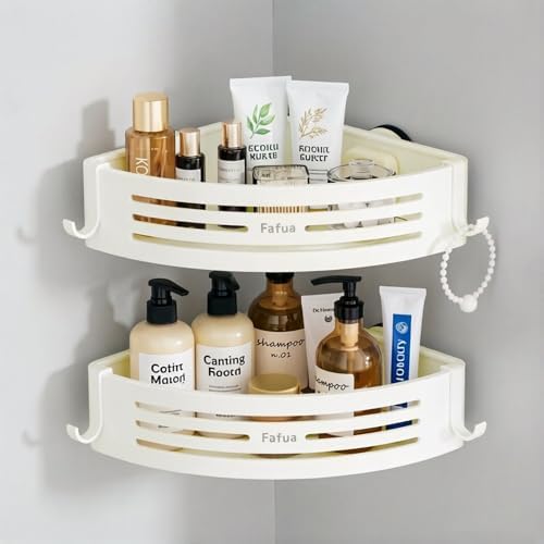 Corner Shower Caddy Suction Cup, No-Drilling Hanging Suction Shower Shelves with Hooks, Waterproof & Rustproof Removable Shower Organizer for Bathroom Storage, 2Pack by Fafua