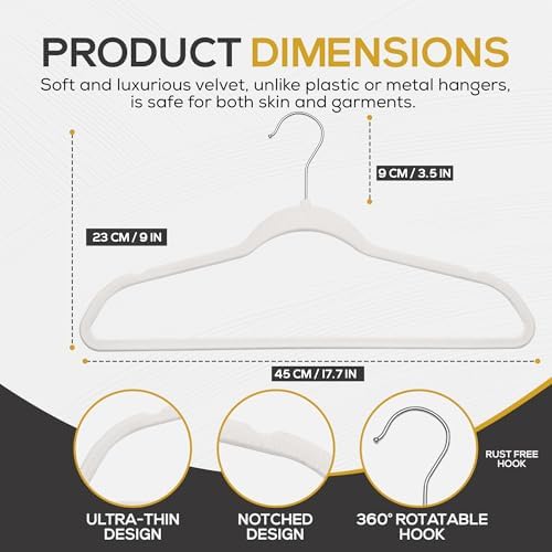 Techzoo Premium Velvet Hangers 50 Pack Ultra Thin Non Slip Adult Felt Space Saving Slim Suit Hanger for Closet Heavy Duty Coat Pants Jackets Dress Hangers 360° Swivel Hook Hold Upto 10 lbs White - Image 2