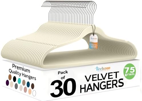 Techzoo Premium Velvet Hangers 30 Pack Ultra Thin Non Slip Adult Felt Space Saving Suit Hanger for Closet Heavy Duty Coat Pants Jackets Dress Hangers 360° Swivel Hook Hold Upto 10 lbs Ivory by TECHZOO