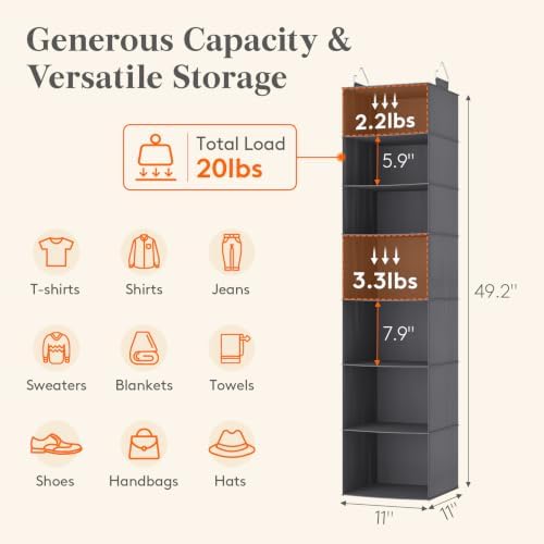 Lifewit Hanging Closet Organizer and Storage for Clothes 7 Tier | Portable, Foldable, Fabric, Top of Shelves with 2 Sturdy Hooks, Clothing Organization for Wardrobe, Dorm, Bedroom, Gray - Image 3