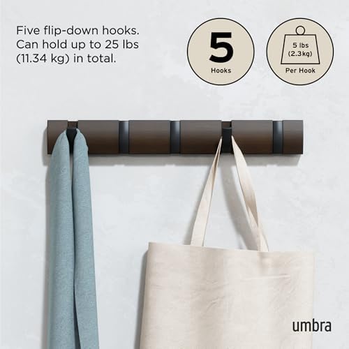 Umbra Flip Coat Rack, Wall Mounted 5-Hook Space Saving, Walnut/Black - Image 5