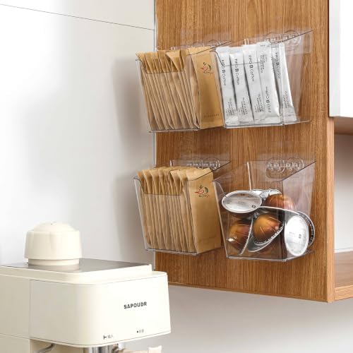Clear Acrylic Pen Holder, 4 Pack Cabinet Door Organizer Adhesive, Bathroom Wall Mount Caddy Kitchen Plastic Storage Bin Box for Office Marker,Art Supply, Small Cleaning Supply, Seasoning Drink Packet by Hiopeak