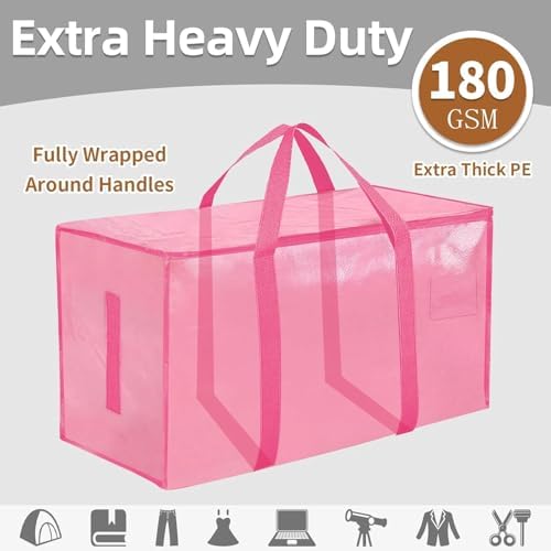 16 Pack-Extra Large Heavy Duty Moving Bags - Waterproof Storage Totes with Handles & Zippers, Foldable for College Dorm, Storage (Pink) - Image 2