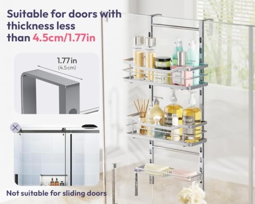 SWTYMIKI Over the Door Shower Caddy - 3 Tier Adjustable Shower Organizer Hanging with Soap Holder, No Drilling Stainless Steel Bathroom Rack Hanging for Body Wash, Shampoo, Soap, Razor, Silver - Image 7