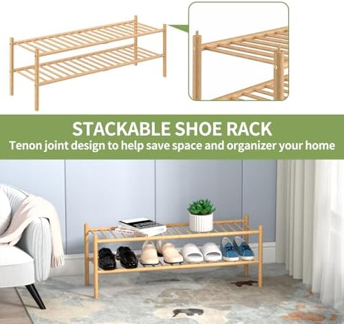 ROMGUAR CRAFT 2-Tier Bamboo Long Shoe Rack, Free Standing Wood Shoe Shelf Storage Organizer for Closet Entryway Stackable 35"x11"x13" (Natural) - Image 6