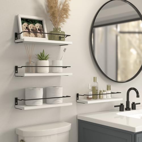 RICHER HOUSE White Bathroom Floating Wall Shelf Set of 4, Small Organizer Over Toilet Storage, Guard-Rail Kitchen Shelves - White - Image 2