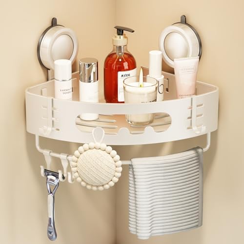 Voldra Corner Shower Caddy Suction Cup, Aluminum Corner Shower Shelves for Wall No Drilling, Large Suction Cup Shower Organizer with Towel Bar & Hooks Removable Bathroom Storage (1 Pack-Cream White) by VOLDRA