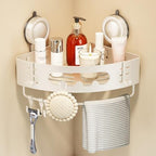 Voldra Corner Shower Caddy Suction Cup, Aluminum Corner Shower Shelves for Wall No Drilling, Large Suction Cup Shower Organizer with Towel Bar & Hooks Removable Bathroom Storage (1 Pack-Cream White) by VOLDRA
