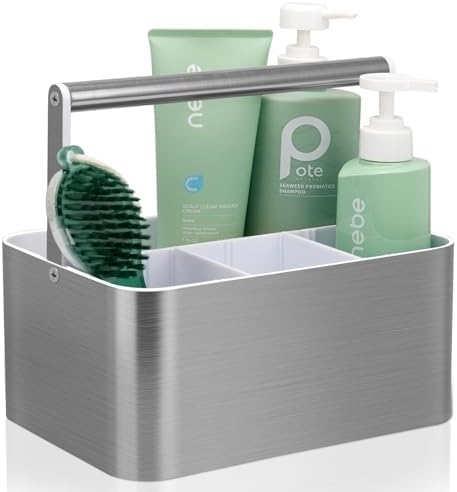 BYUNER Plastic Shower Caddy Dorm - Portable Bathroom Caddy Organizer with Handle and Divider for College Dorm & Shared Bathroom, Hard Shower Tote for Toiletry, Brushed Nickel White by MakesYourHomeMoreOrganized