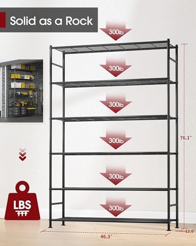 Sakugi Storage Shelves - 6 Tier Shelf Organizer, Heavy Duty Garage Shelving Unit with Leveling Feet, Stable Metal Shelves Organizer for Pantry, Kitchen and Closet, 46.3" W x 12.6" D x 76.1" H, Black - Image 2