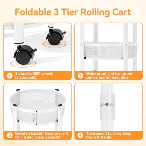 TOOLF 3 Tier Foldable Rolling Cart, Metal Utility Storage Cart, White | Assembly-Free, Lockable Wheels, Round Trolley Organizer for Bathroom, Kitchen, Office, Dorm, Laundry, Craft Room - Image 5