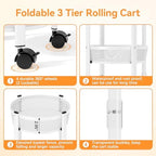 TOOLF 3 Tier Foldable Rolling Cart, Metal Utility Storage Cart, White | Assembly-Free, Lockable Wheels, Round Trolley Organizer for Bathroom, Kitchen, Office, Dorm, Laundry, Craft Room - Image 5
