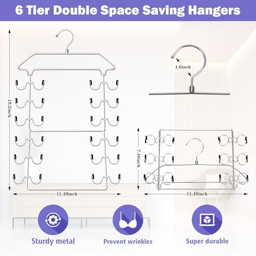 Tank Top Hanger,6 Tier Double Space Saving Bra Hangers, Closet Organizers and Storage,Dorm Room Essentials for Girls,Hanging Closet Organizer for Camisoles Sports Bras Strappy Dress Swimsuits Ties - Image 2