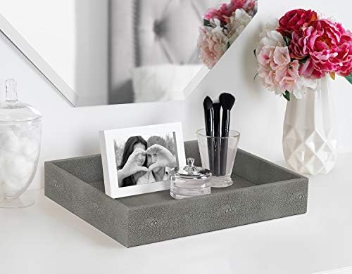HofferRuffer Decorative Desktop Organizer Tray, Bathroom Vanity Tray, Storage Jewelry Perfume Dresser Tray, Catchall Tray for Change Coin Key, 10.2 x 8.4 x 1.8 inches (Dark Grey Faux Leather Shagreen) - Image 3