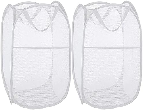 BATTOO Deluxe Strong Mesh Pop up Laundry Hamper Basket with Side Pocket Foldable Hamper for Laundry Room, Bathroom, Kids Room, College Dorm or Travel White + White by BATTOO