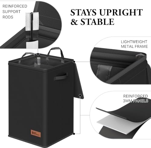 Simple Houseware Foldable Laundry Hamper Basket with Lid and Bag, Black - Image 3
