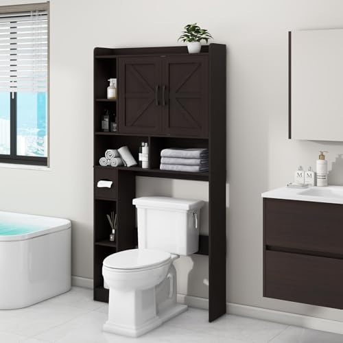 Vabches Over The Toilet Storage Cabinet with 2 Barn Doors, Caramel - Image 7